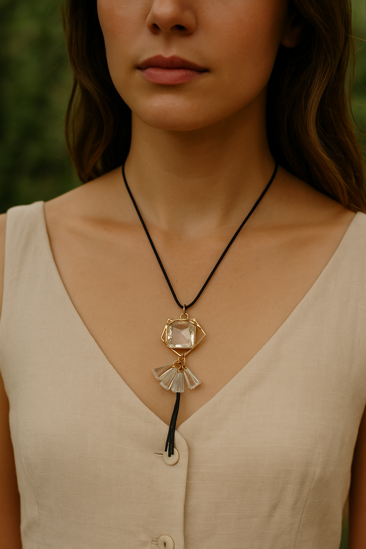 Geometric Crystal Pendant Necklace with Crystal Tassels