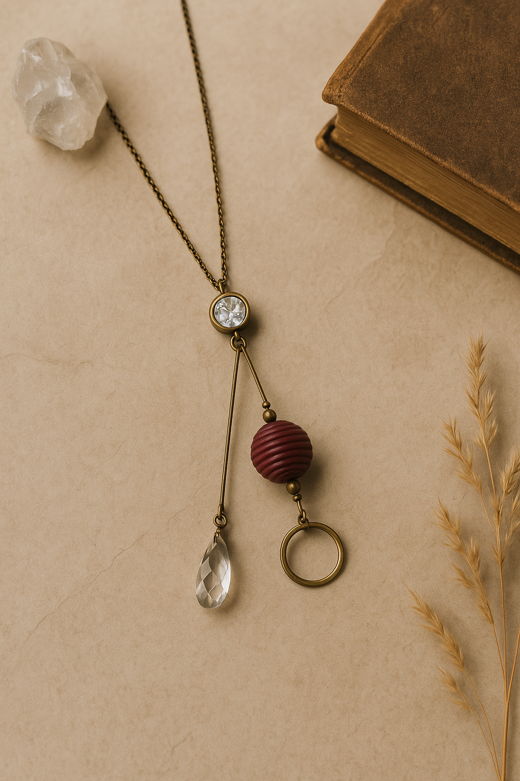 Elegant Dual Pendant Necklace with Maroon Bead & Crystal Drop