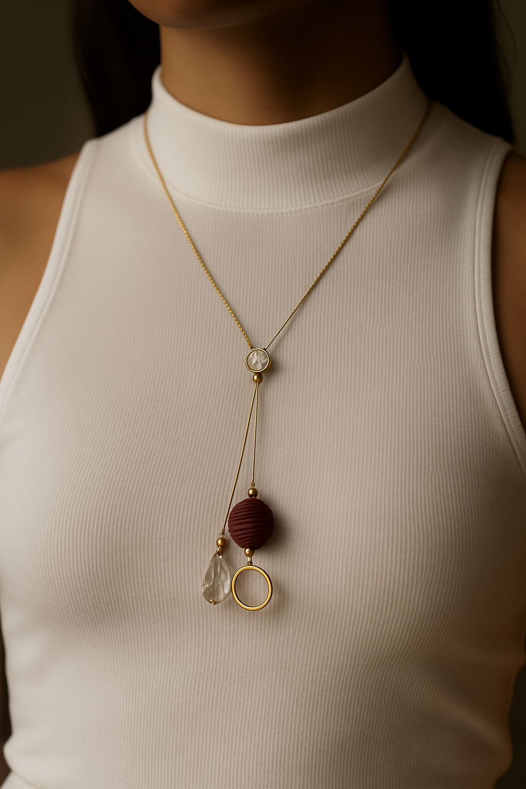 Elegant Dual Pendant Necklace with Maroon Bead & Crystal Drop