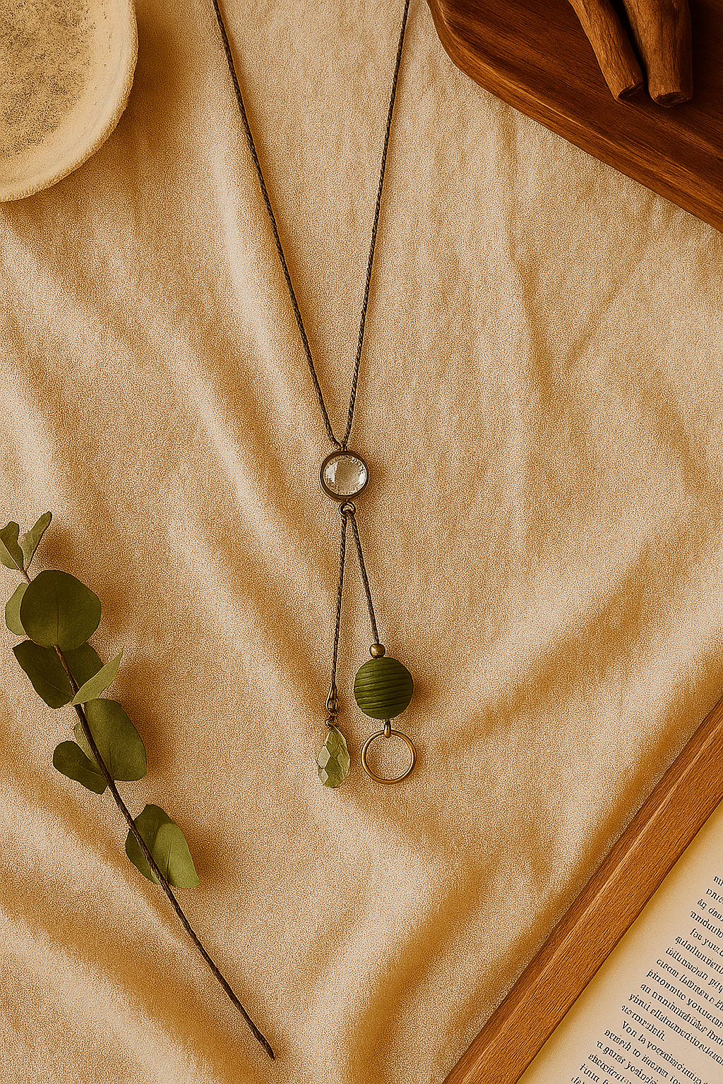 Elegant Dual Pendant Necklace with Olive Green Bead & Crystal Drop