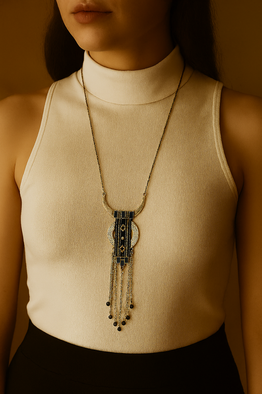 Bohemian Crescent Pendant Necklace with Black Beads & Textile Detail