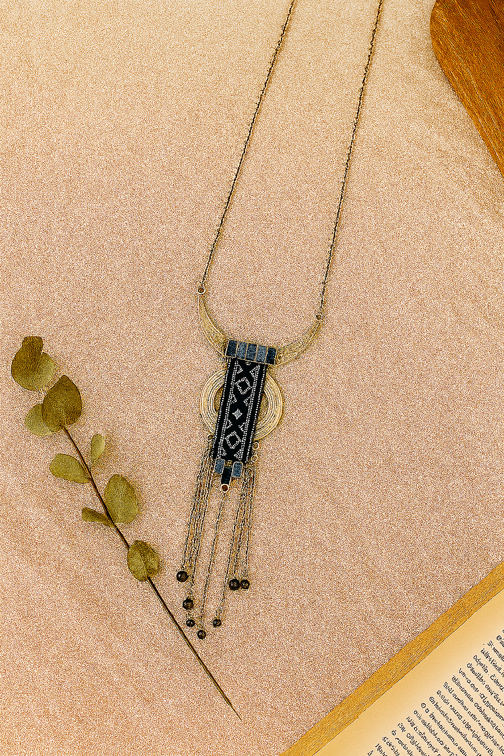 Bohemian Crescent Pendant Necklace with Black Beads & Textile Detail