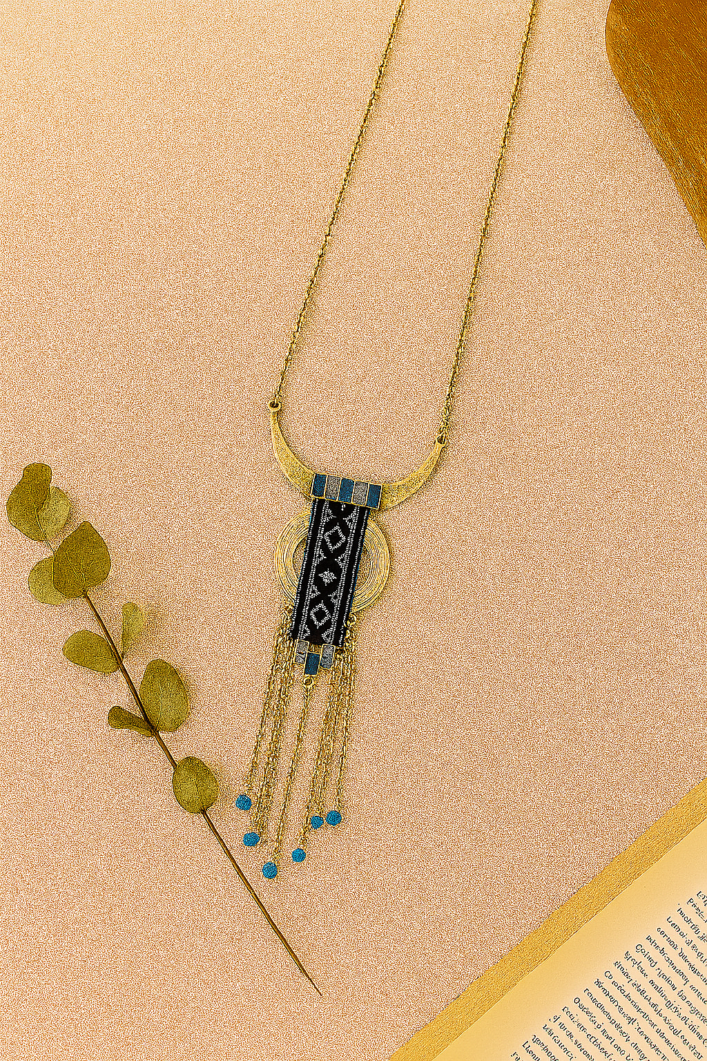 Bohemian Crescent Pendant Necklace with Black Beads & Textile Detail