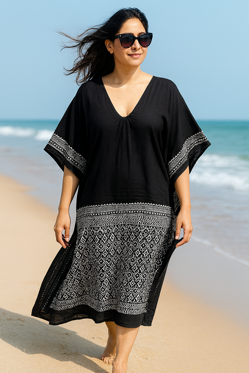 HANDBLOCKED BLACK KAFTAN DRESS