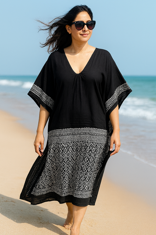 HANDBLOCKED BLACK KAFTAN DRESS