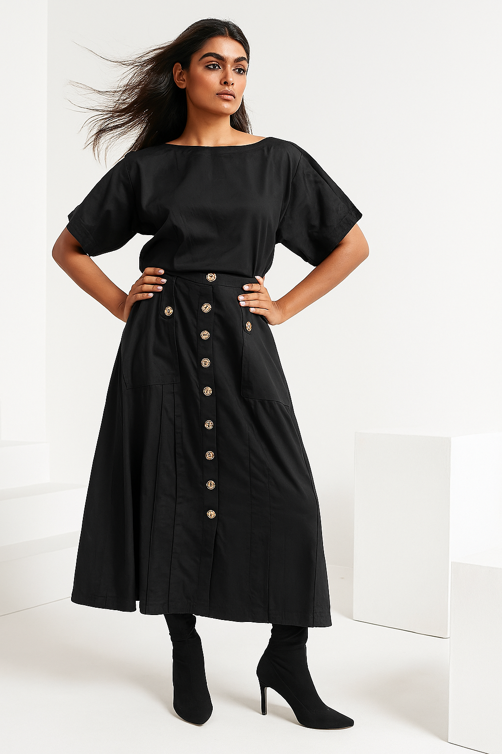 DENIM STRETCH CROP TOP AND SKIRT