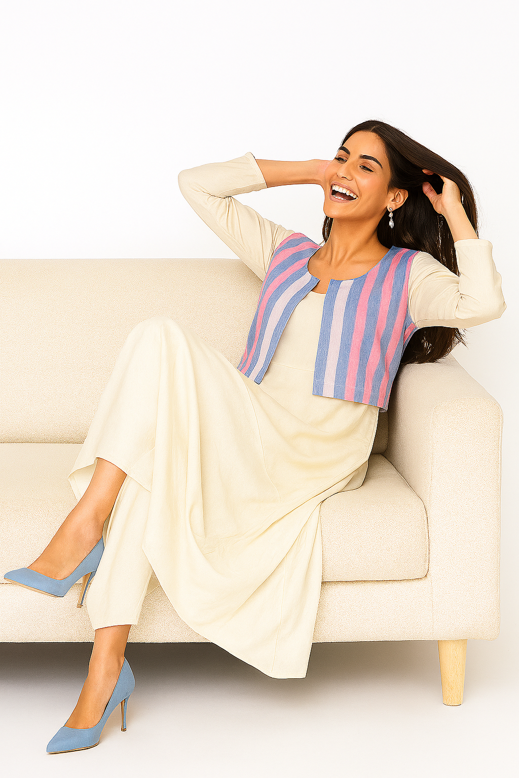 Ivory Cowl Dress with handloom Striped Sleeveless Jacket