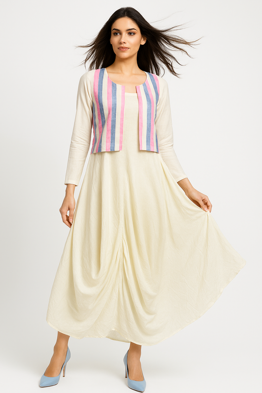 Ivory Cowl Dress with handloom Striped Sleeveless Jacket