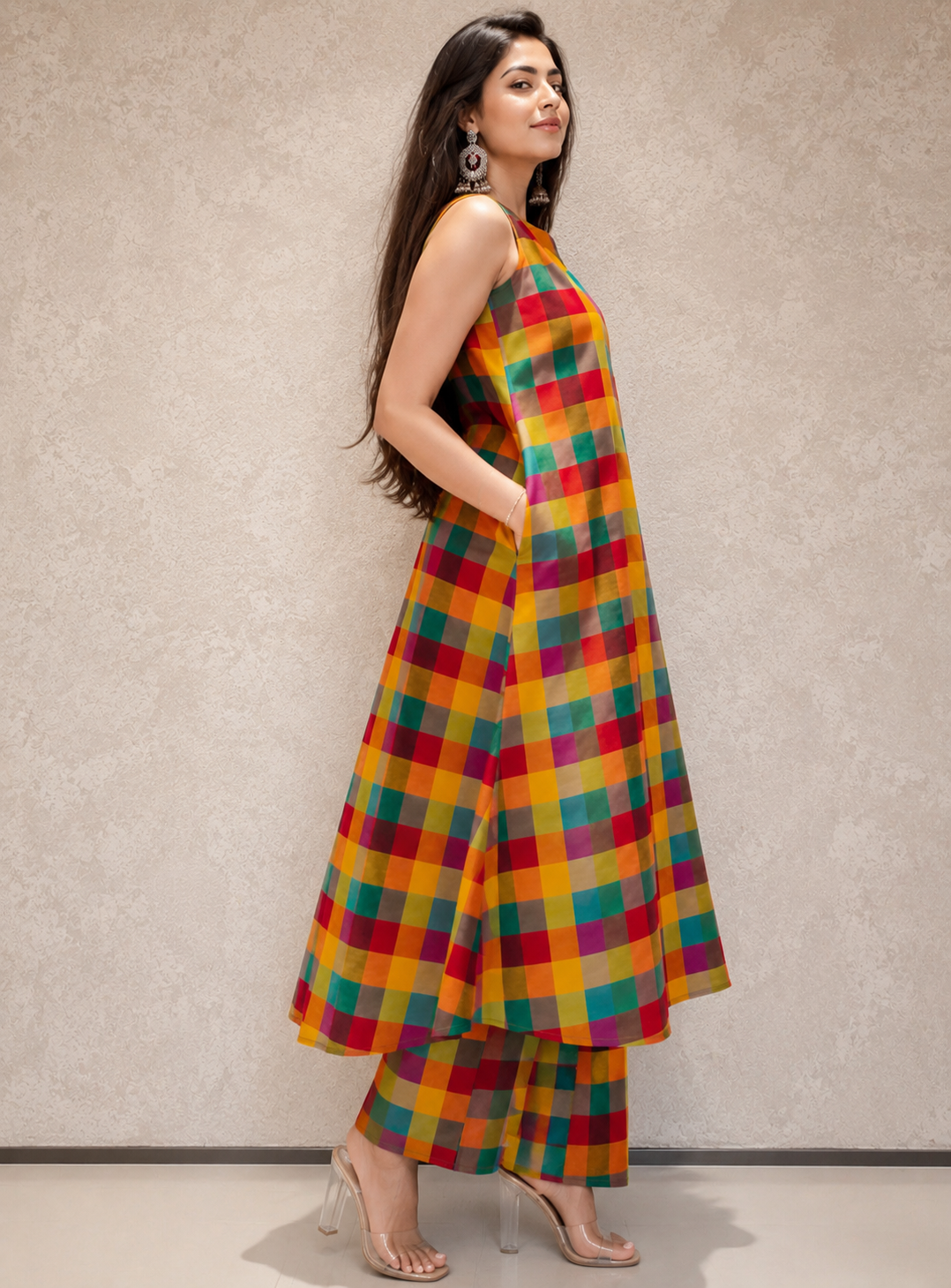 MADRAS CHECKERED HALTER NECK KURTA SET