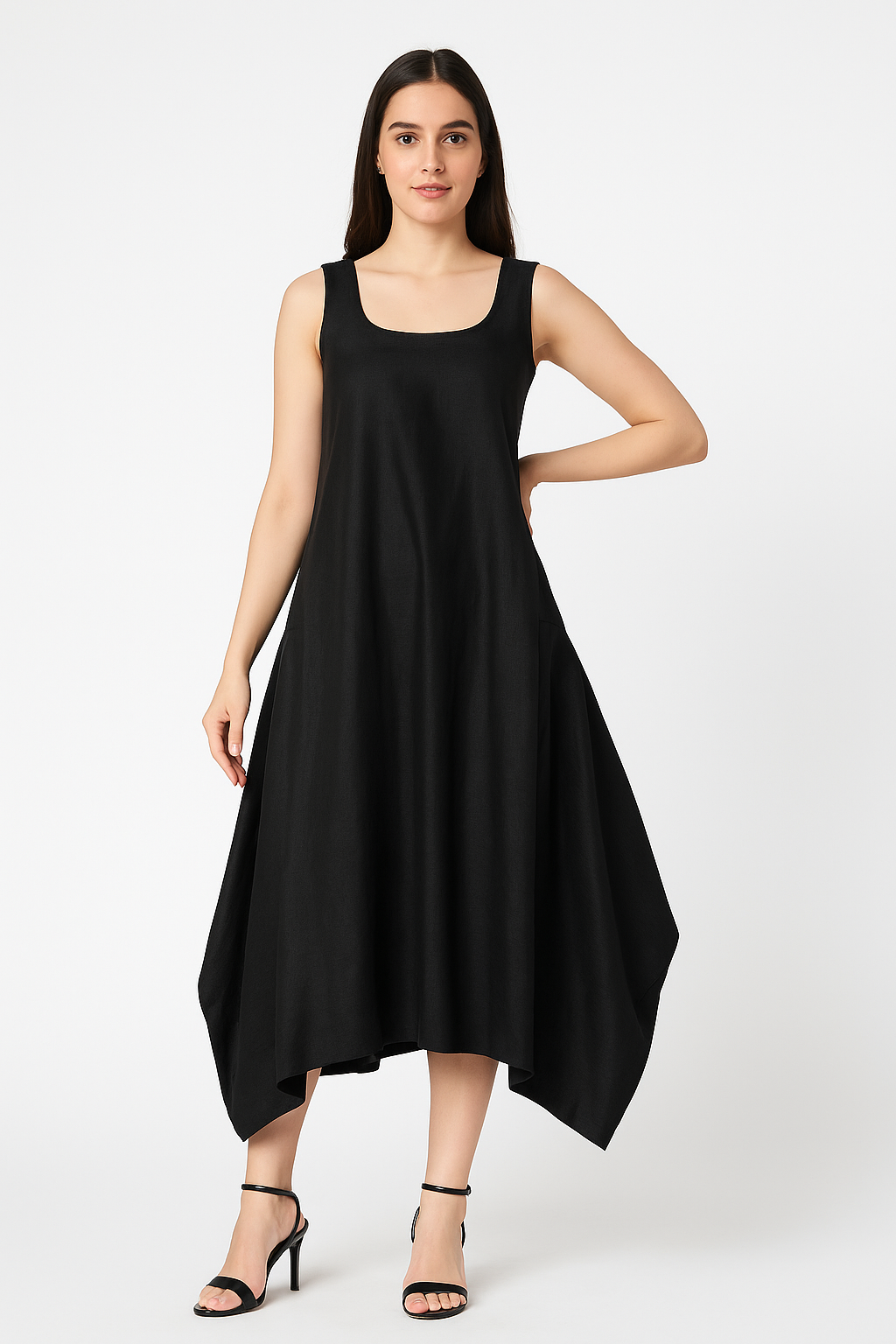 ELEGANT BLACK ASYMMETRIC LINEN DRESS WITH LONG OVERLAY