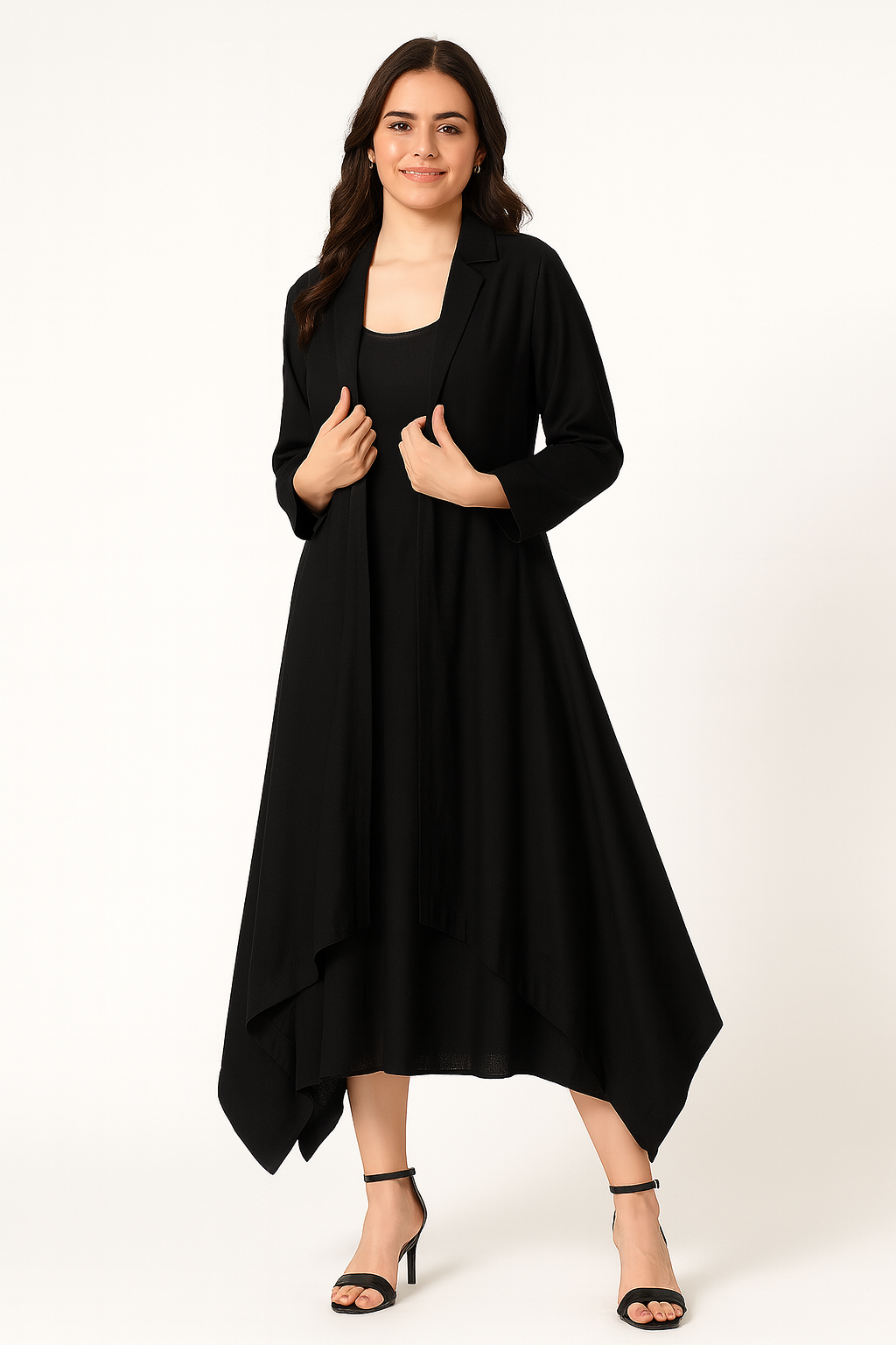 ELEGANT BLACK ASYMMETRIC LINEN DRESS WITH LONG OVERLAY