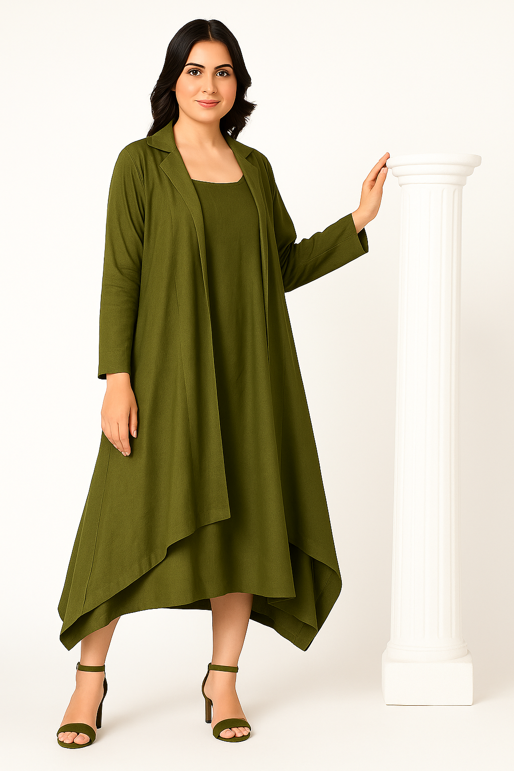 OLIVE GREEN ASYMMETRICAL HEM LINEN DRESS