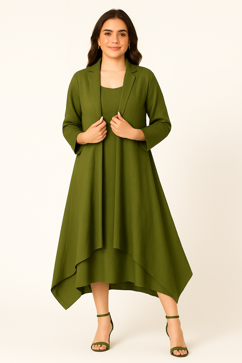 OLIVE GREEN ASYMMETRICAL HEM LINEN DRESS