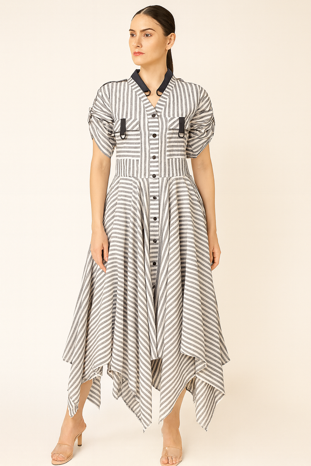 GREY AND WHITE STRIPE LINEN HANDKERCHIEF DRESS