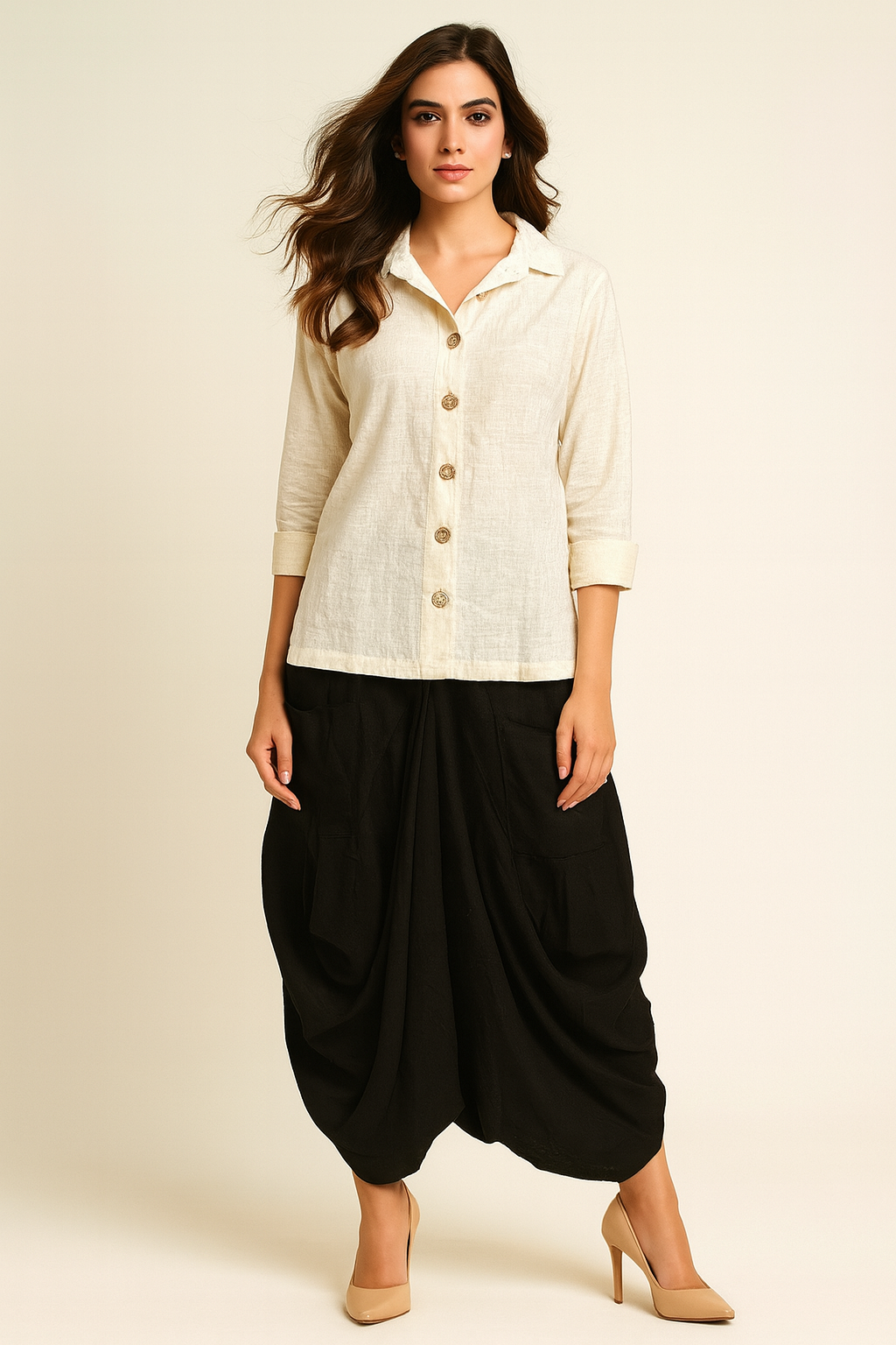 BLACK RAYON COWL SKIRT WITH KHADI SHIRT