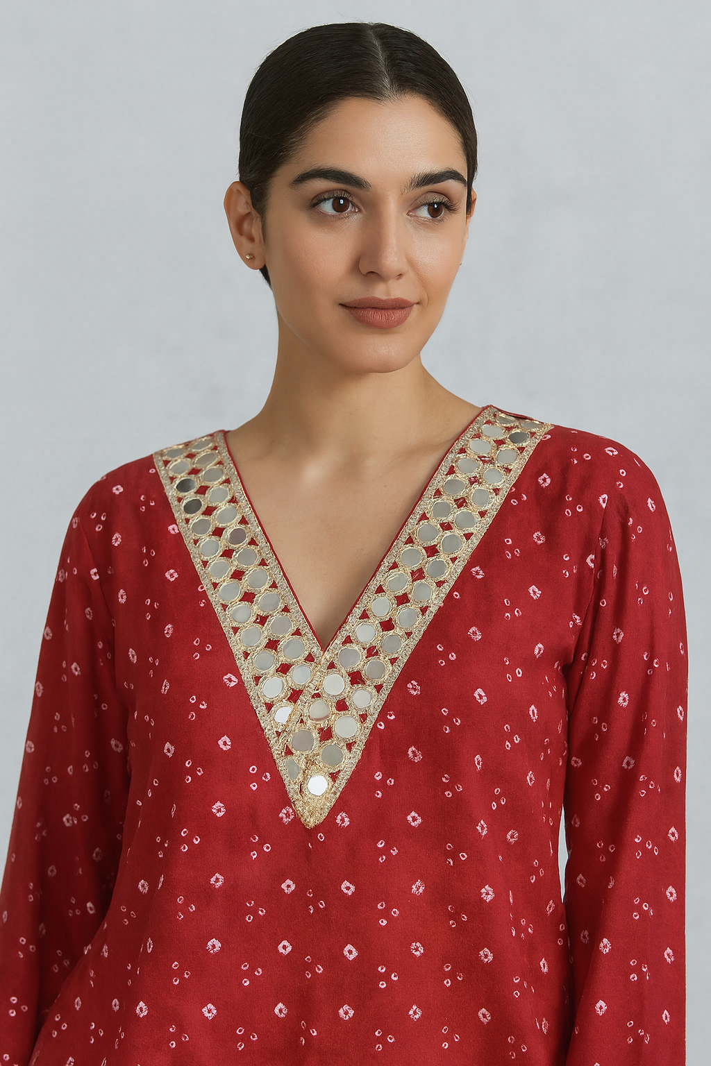 RED MIRROR-WORK DHOTI SET WITH PRINTED V-NECK TOP
