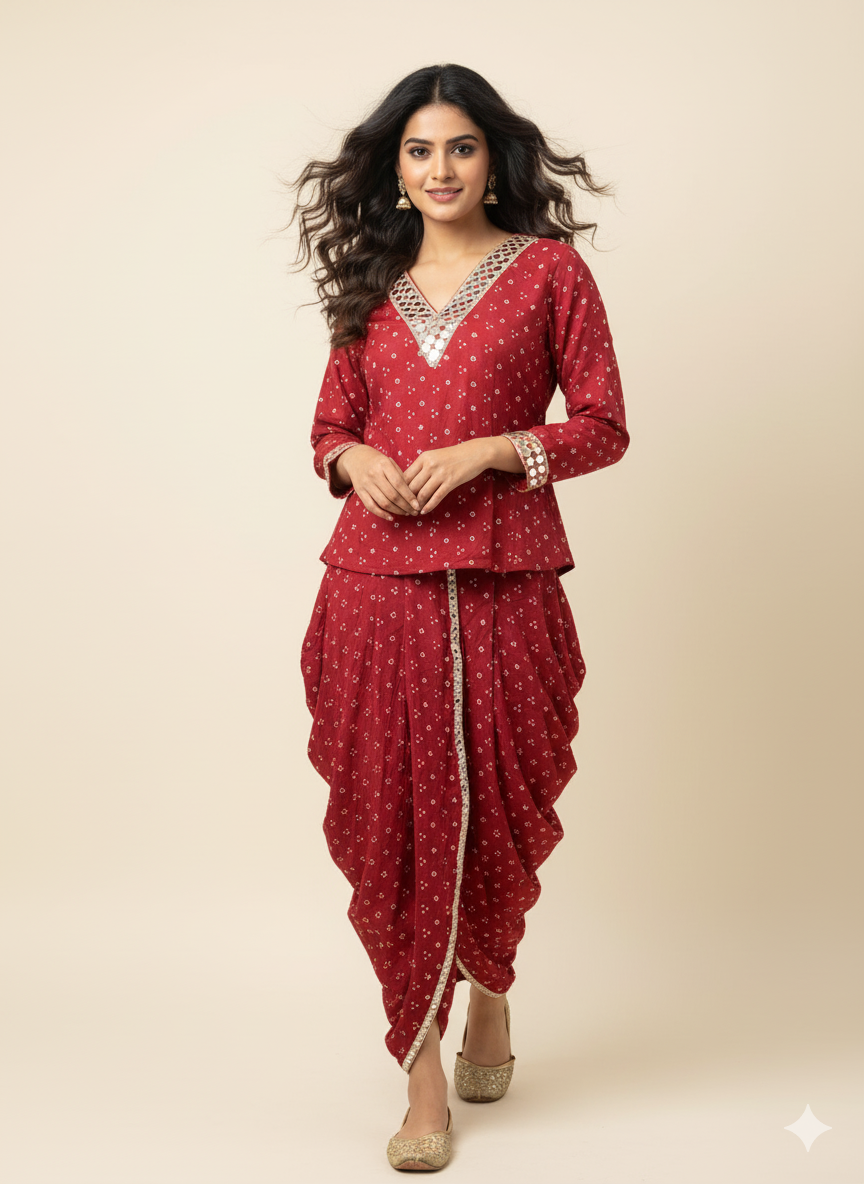 RED MIRROR-WORK DHOTI SET WITH PRINTED V-NECK TOP
