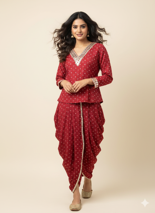 RED MIRROR-WORK DHOTI SET WITH PRINTED V-NECK TOP