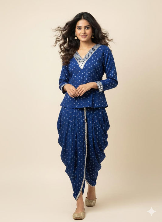BLUE MIRROR-WORK DHOTI SET WITH PRINTED V-NECK TOP