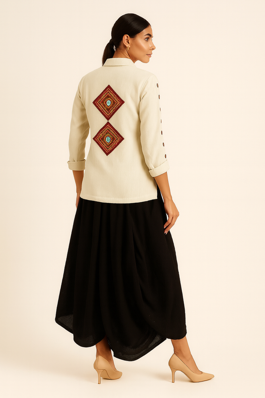 BLACK RAYON COWL SKIRT & IVORY KHADI SHIRT SET