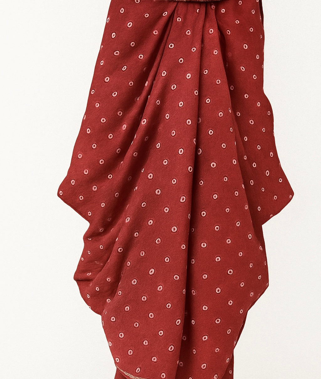 RED MIRROR-WORK DHOTI SET WITH PRINTED V-NECK TOP