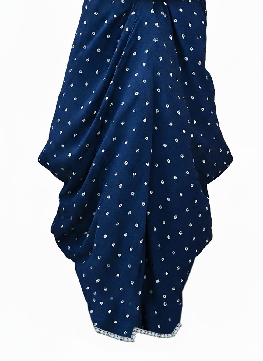BLUE MIRROR-WORK DHOTI SET WITH PRINTED V-NECK TOP