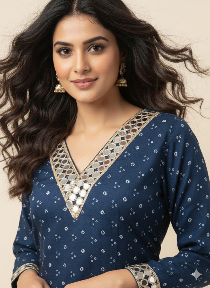 BLUE MIRROR-WORK DHOTI SET WITH PRINTED V-NECK TOP