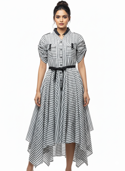 GREY AND WHITE STRIPE LINEN HANDKERCHIEF DRESS