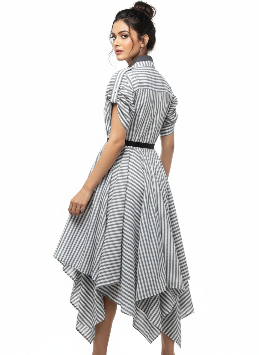 GREY AND WHITE STRIPE LINEN HANDKERCHIEF DRESS