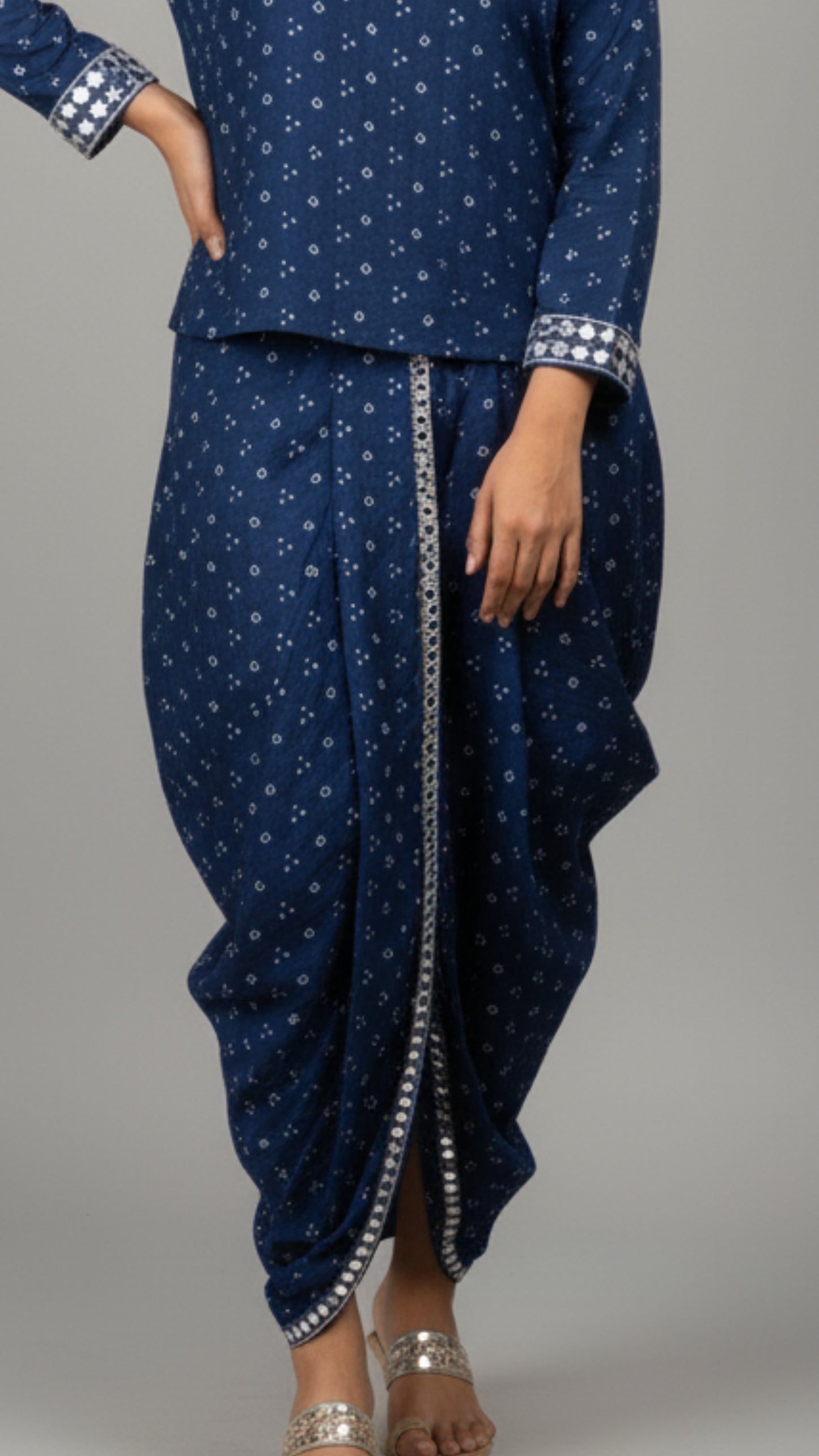 BLUE MIRROR-WORK DHOTI SET WITH PRINTED V-NECK TOP
