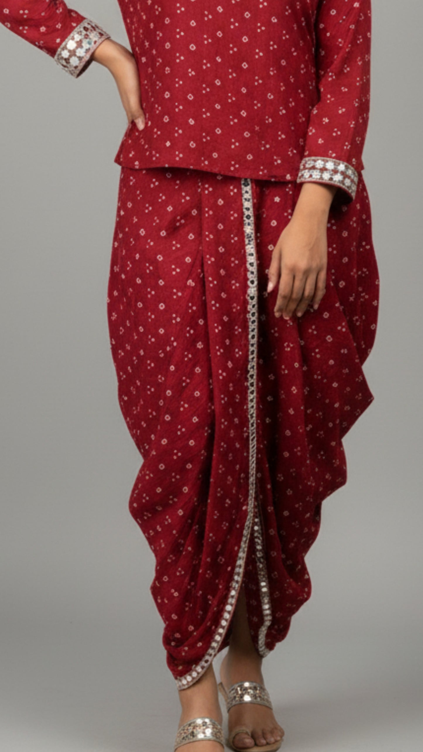 RED MIRROR-WORK DHOTI SET WITH PRINTED V-NECK TOP