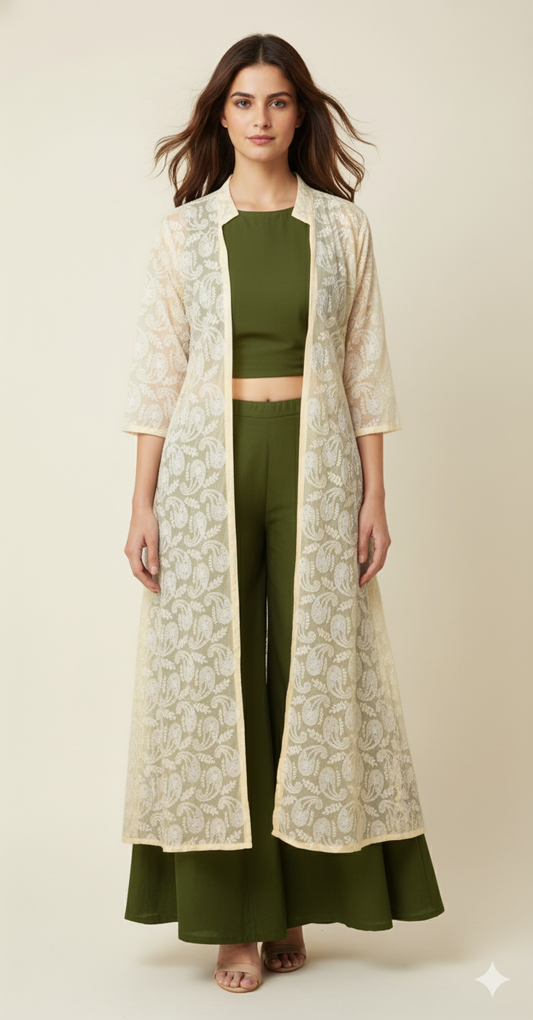 YELLOW PALLAZO SET WITH CHICKENKARI JACKET