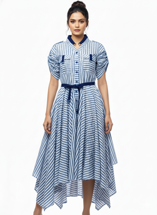 BLUE AND WHITE STRIPE LINEN HANDKERCHIEF DRESS