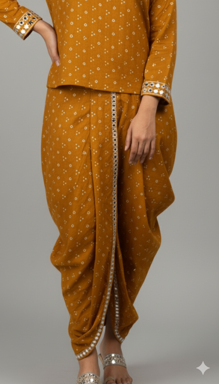 MUSTARD MIRROR-WORK DHOTI SET WITH PRINTED V-NECK TOP