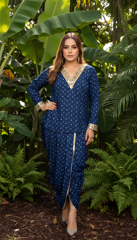 BLUE MIRROR-WORK DHOTI SET WITH PRINTED V-NECK TOP