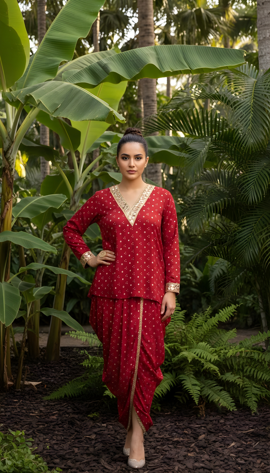 MAROON MIRROR-WORK DHOTI SET WITH PRINTED V-NECK TOP