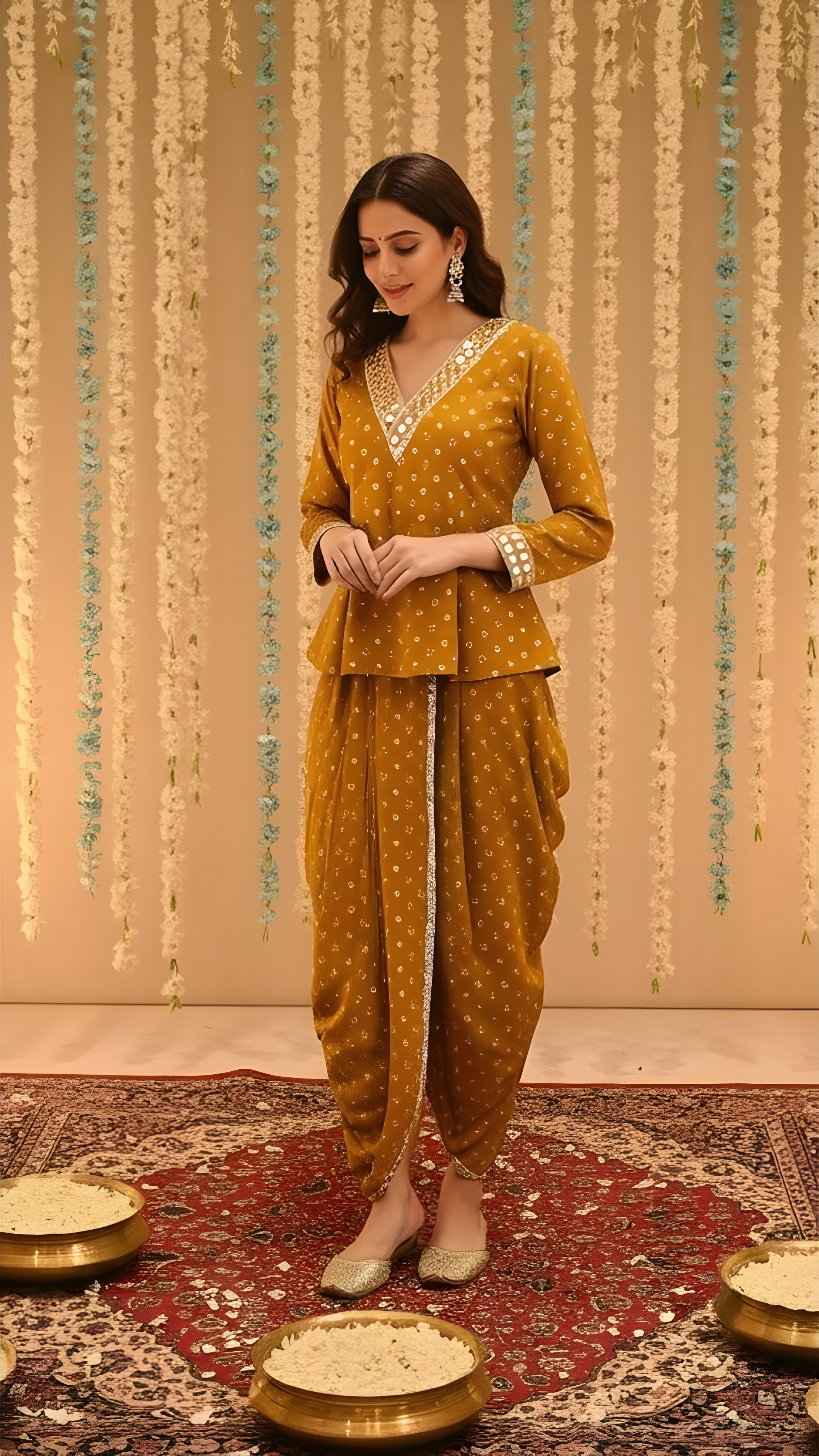 MUSTARD MIRROR-WORK DHOTI SET WITH PRINTED V-NECK TOP