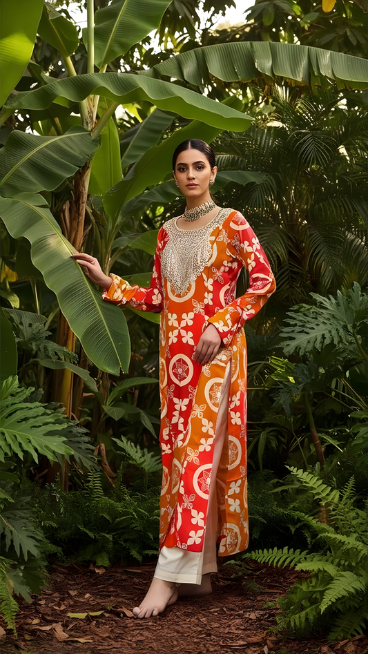 ORANGE GOTTA PATTI TOKE WITH AMARA PATCHWORK PRINT KURTA SET