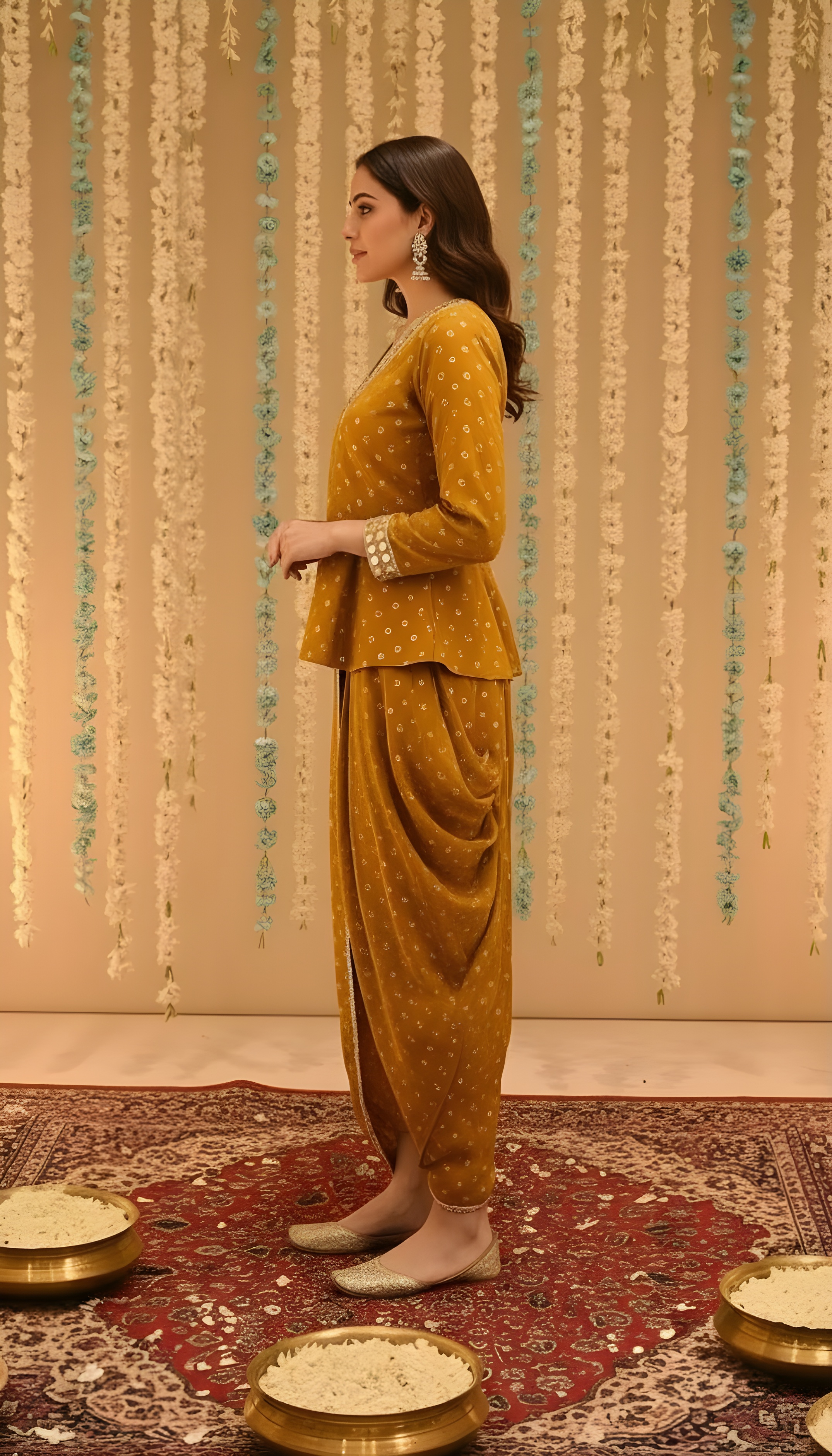 MUSTARD MIRROR-WORK DHOTI SET WITH PRINTED V-NECK TOP