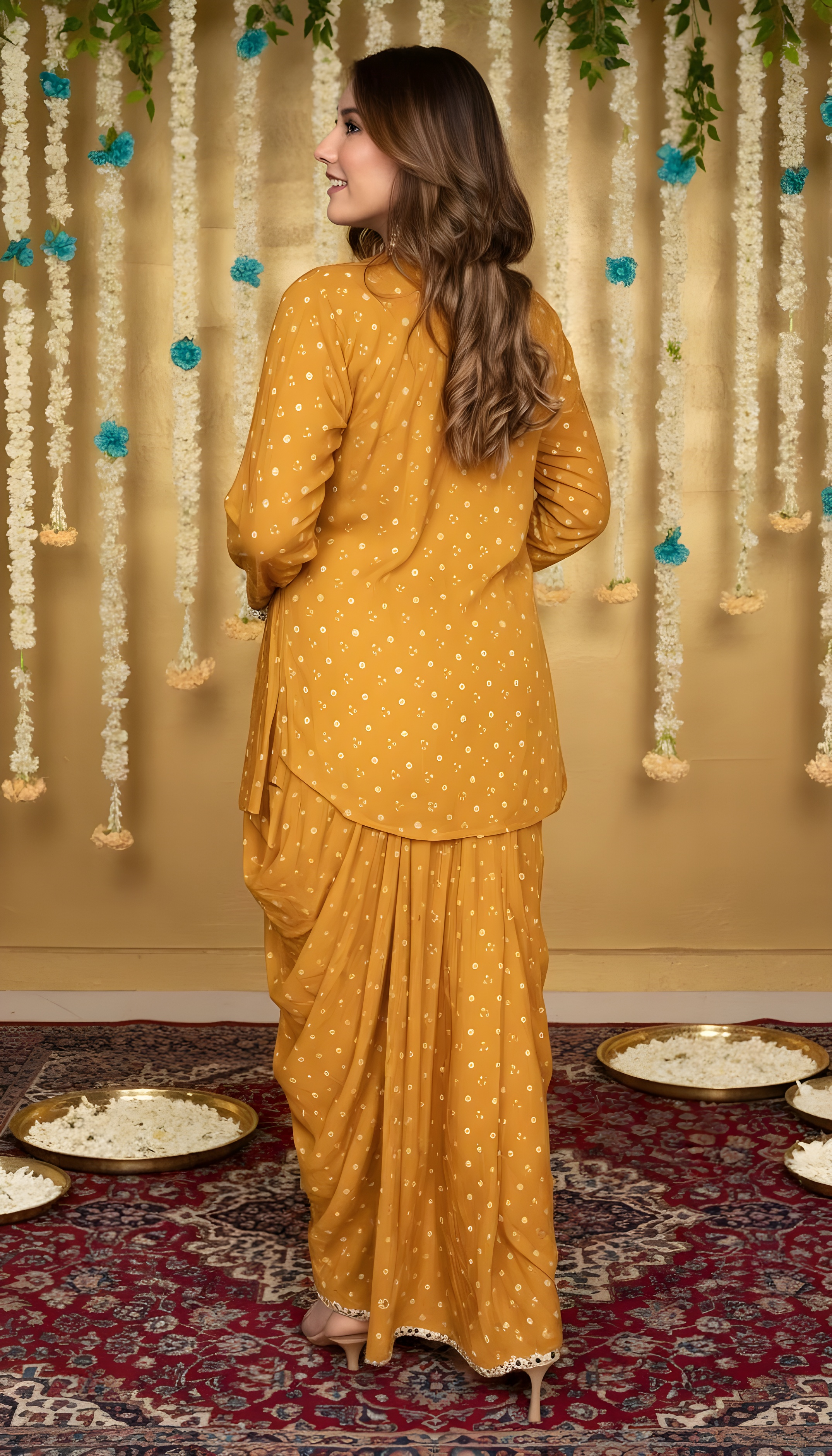 MUSTARD MIRROR-WORK DHOTI SET WITH PRINTED V-NECK TOP
