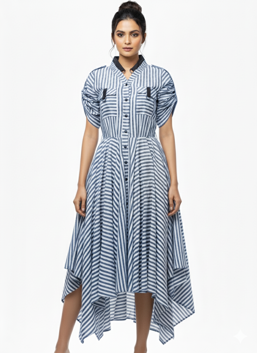 BLUE AND WHITE STRIPE LINEN HANDKERCHIEF DRESS