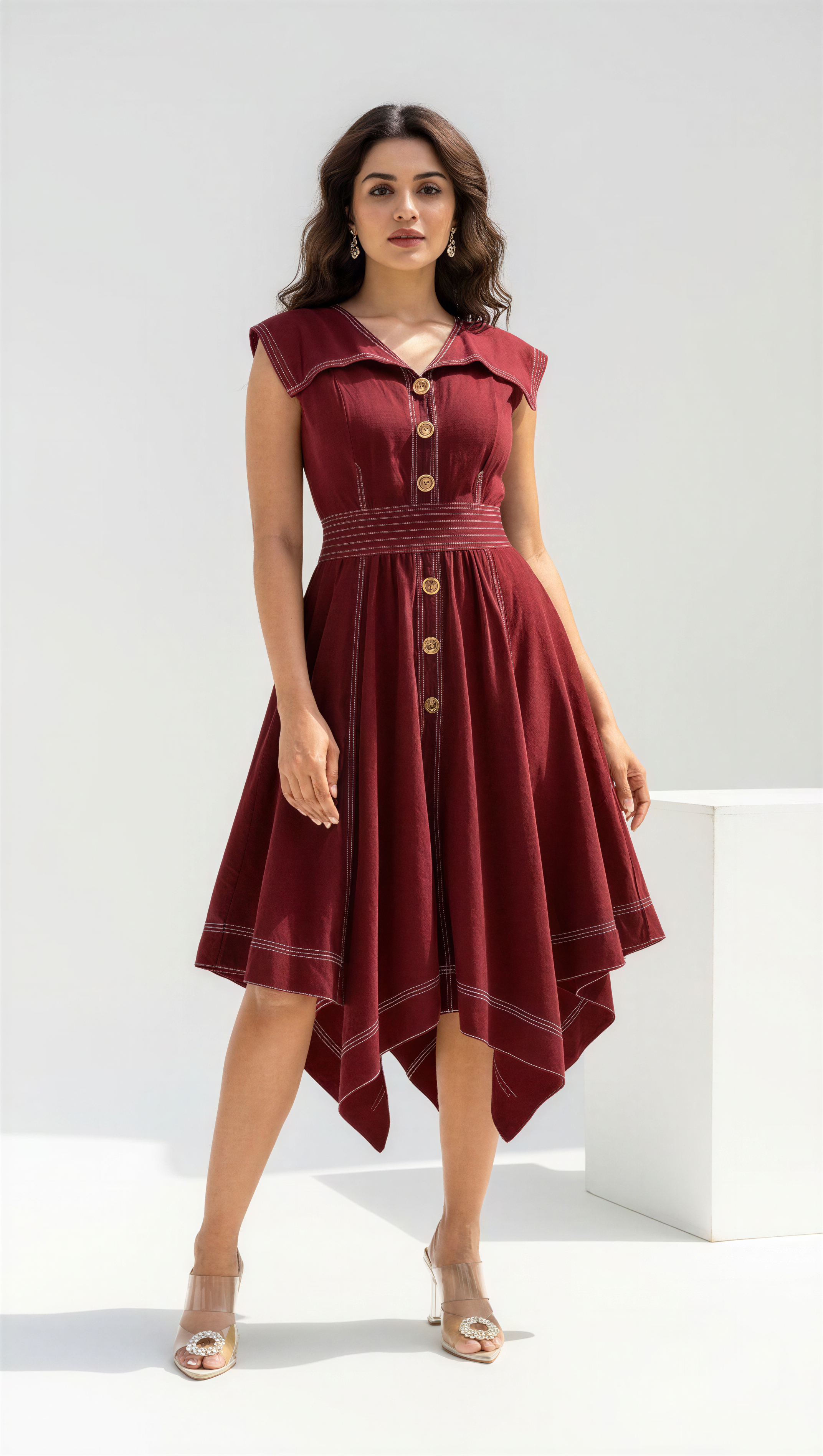 MAROON SLUB ZIG ZAG DRESS