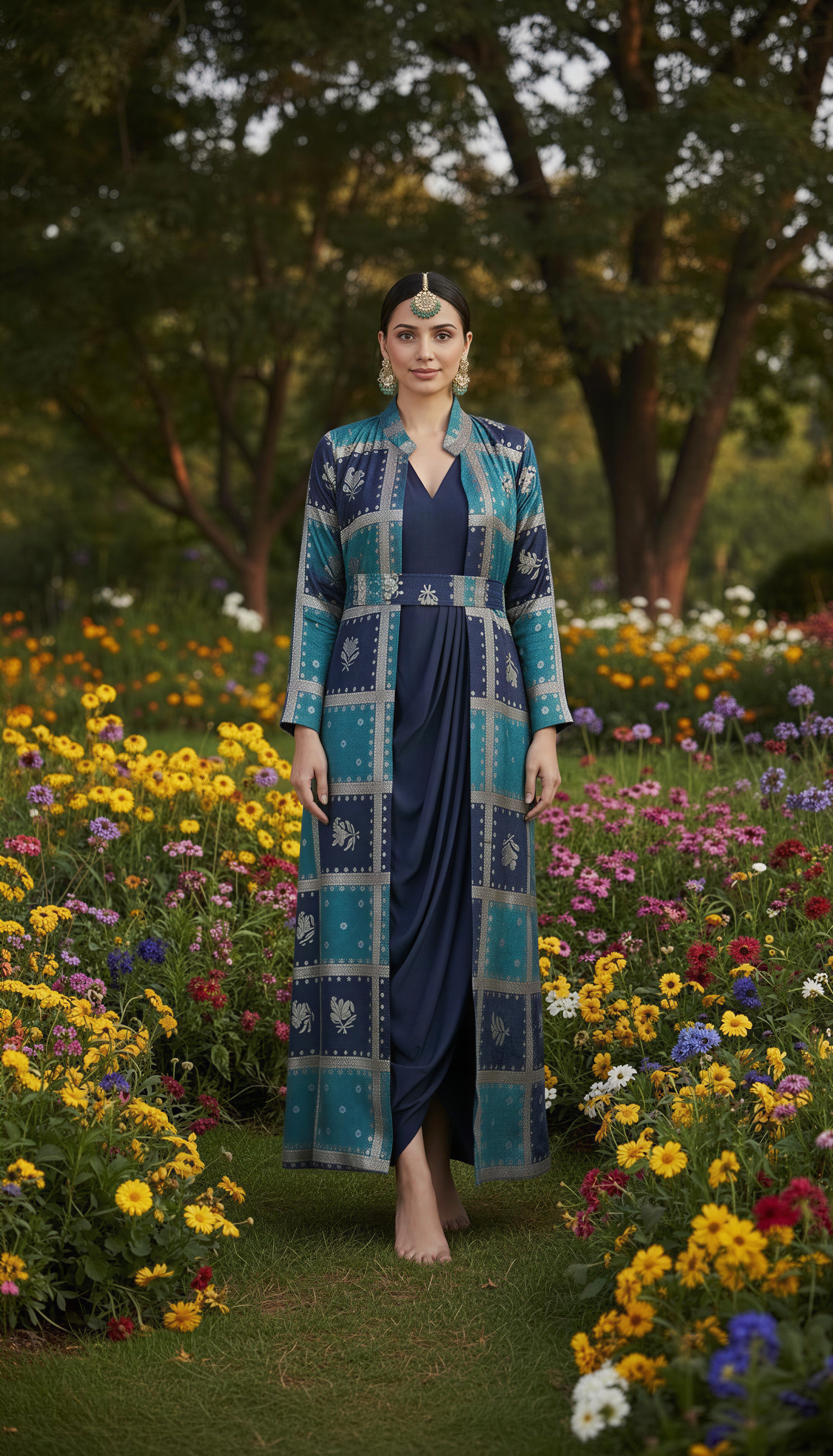 BLUE COWL DRESS WITH GOLD EMBODDED JACKET