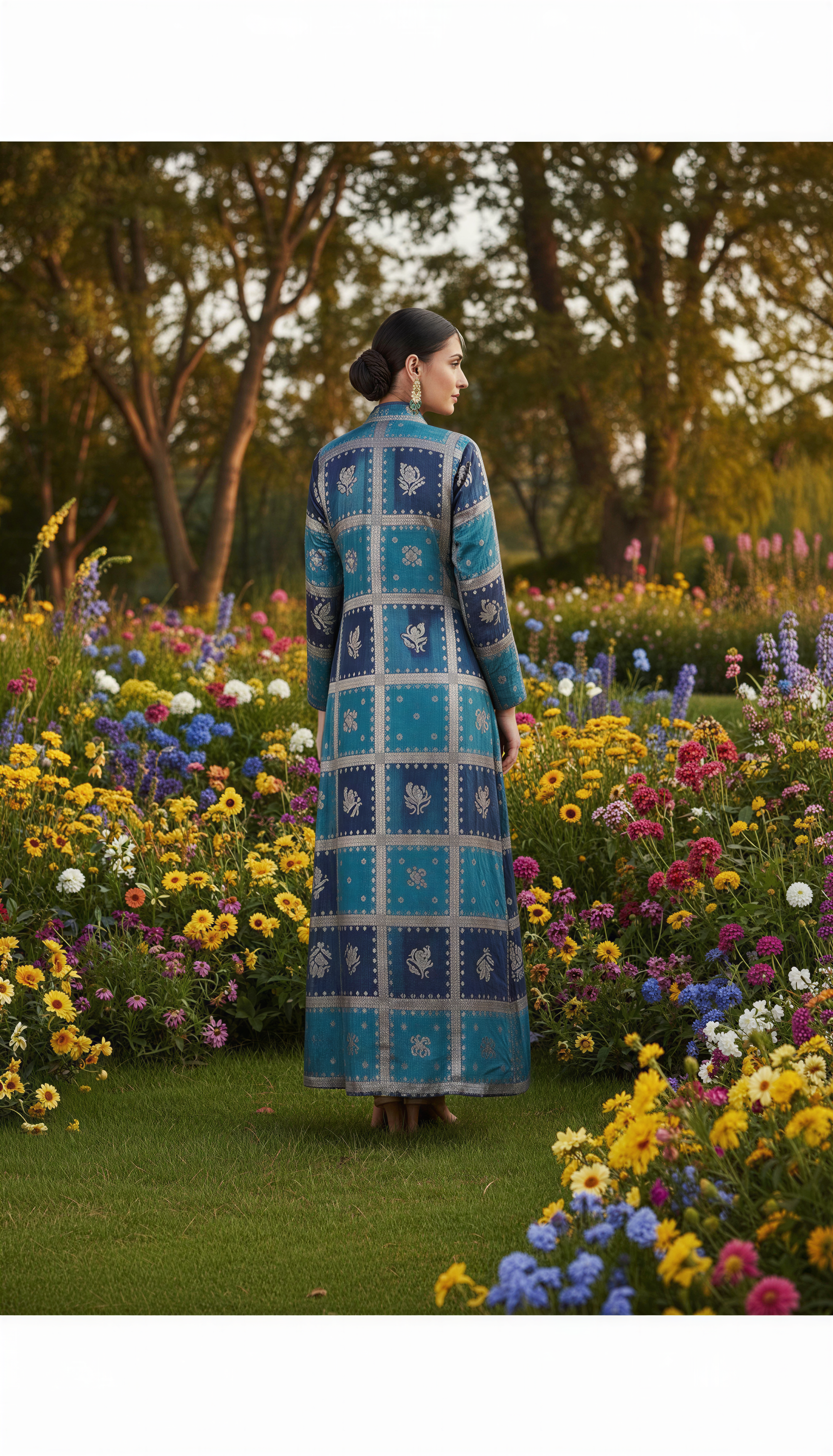 BLUE COWL DRESS WITH GOLD EMBODDED JACKET