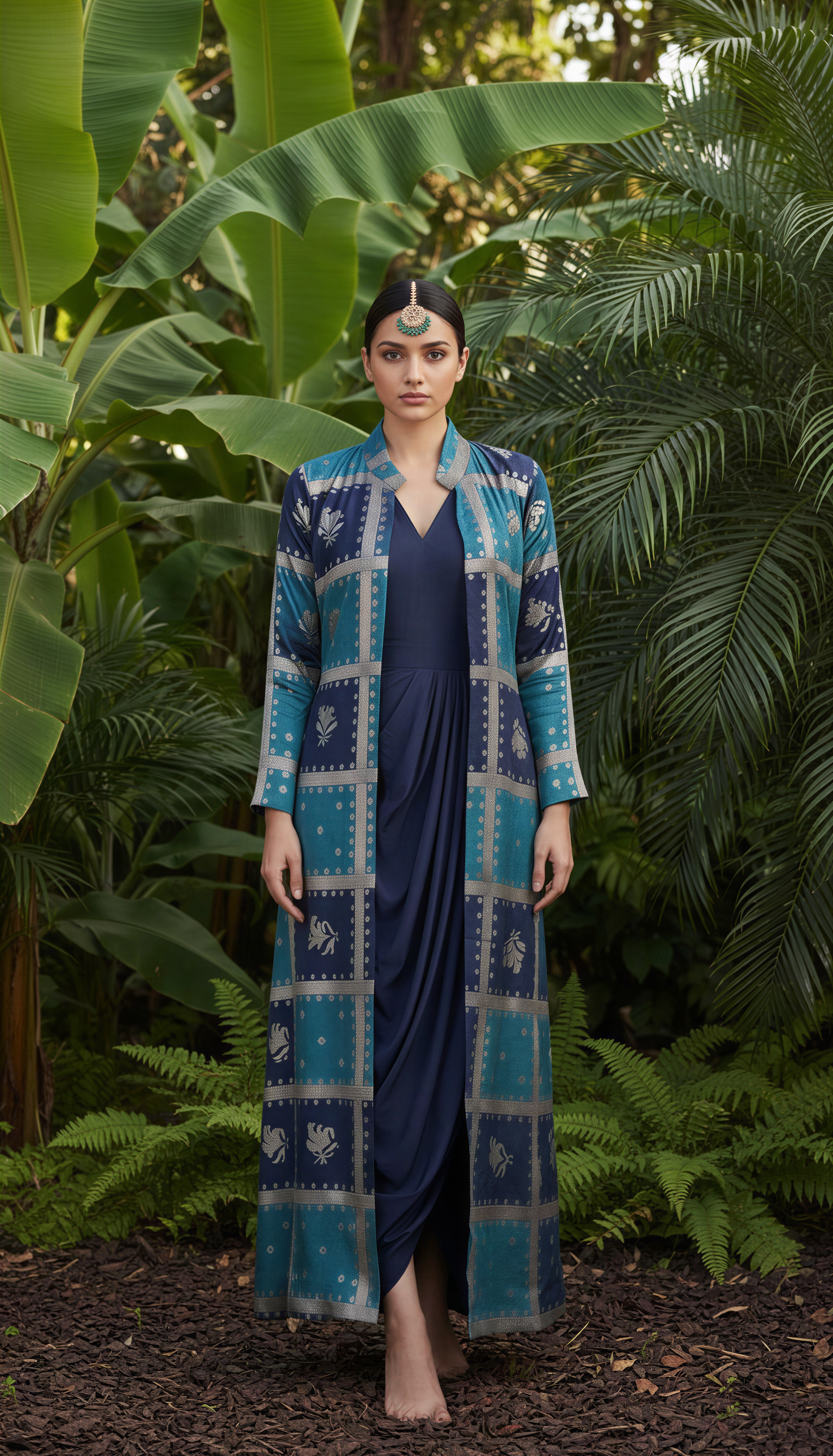 BLUE COWL DRESS WITH GOLD EMBODDED JACKET