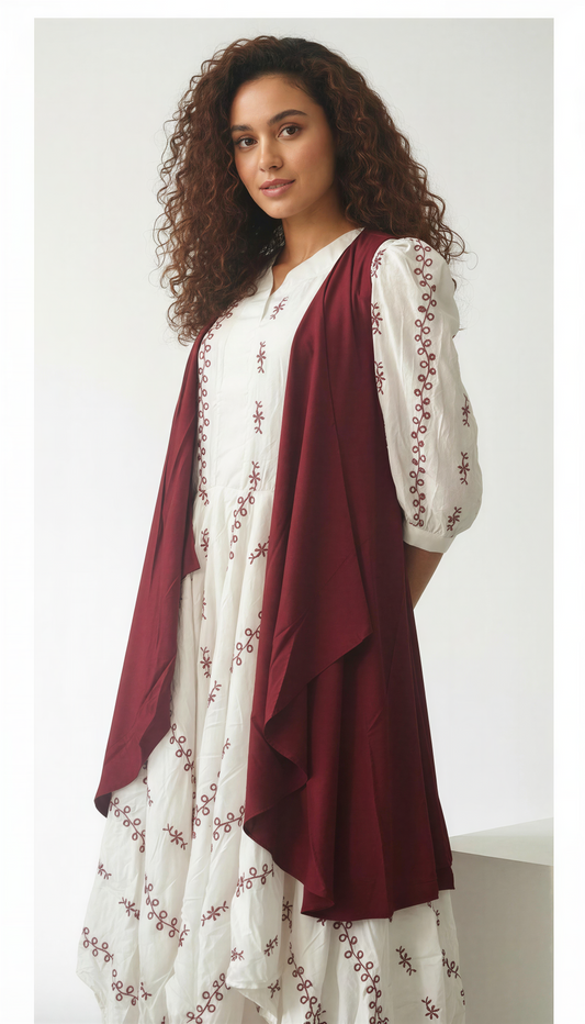 IVORY EMBROIDERED ASYMMETRIC DRESS WITH MAROON JACKET