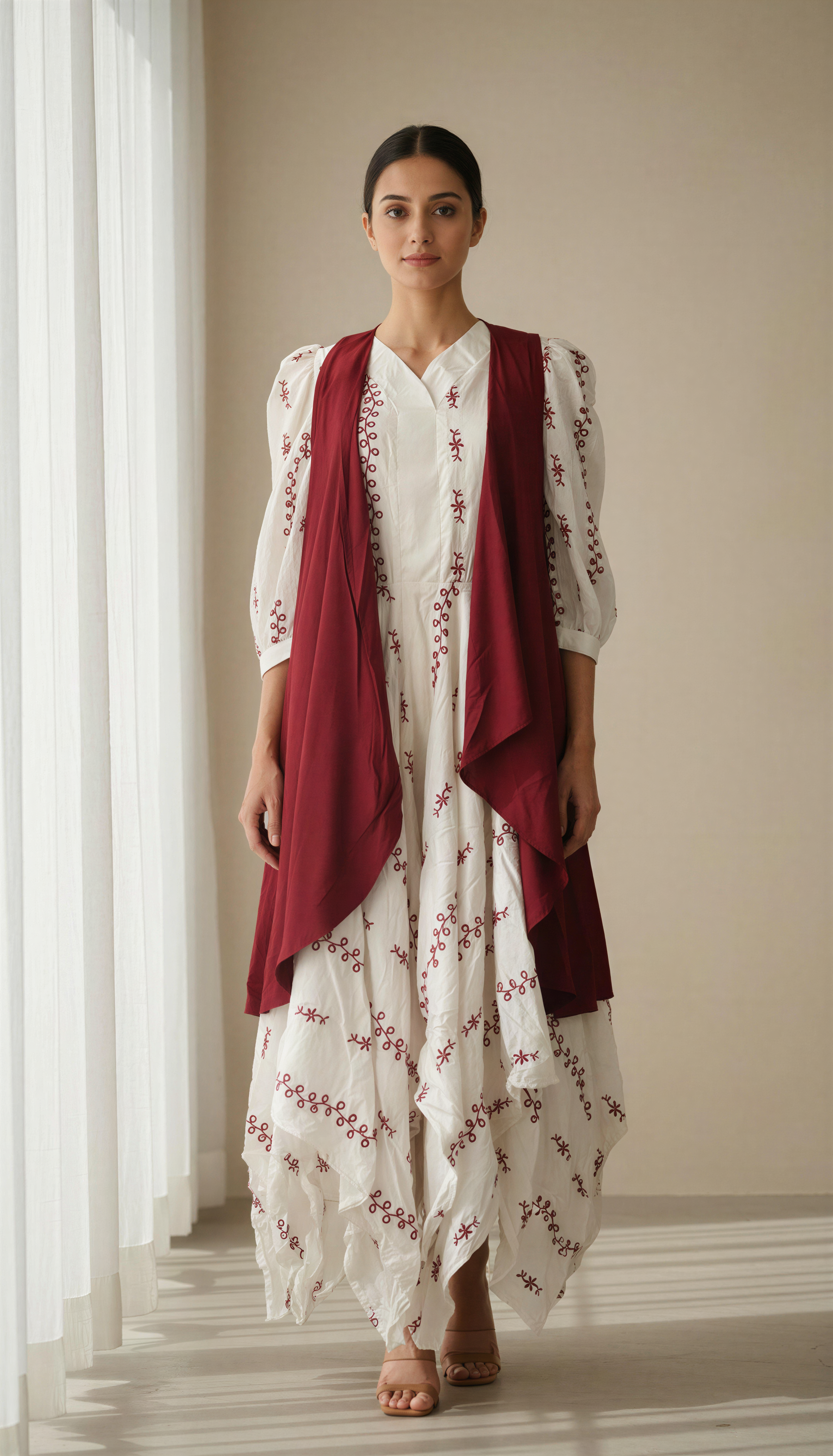 IVORY EMBROIDERED ASYMMETRIC DRESS WITH MAROON JACKET