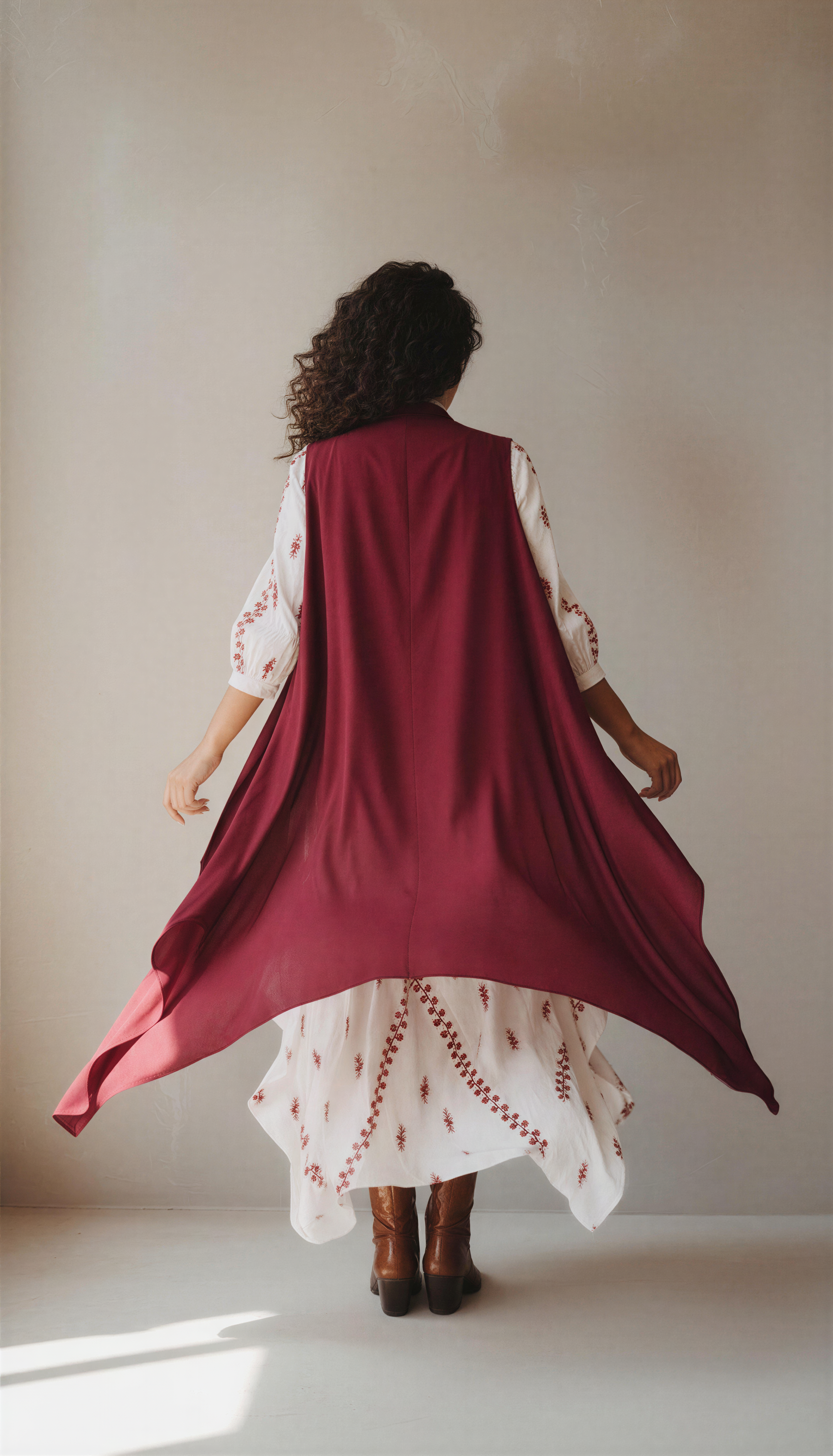 IVORY EMBROIDERED ASYMMETRIC DRESS WITH MAROON JACKET