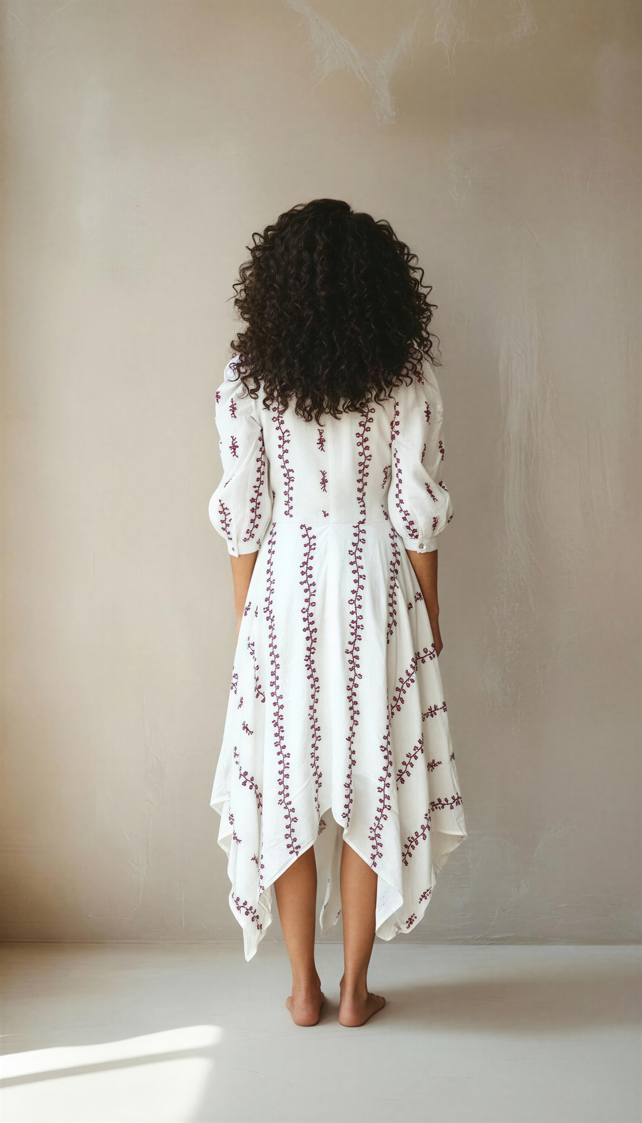 IVORY EMBROIDERED ASYMMETRIC DRESS WITH MAROON JACKET