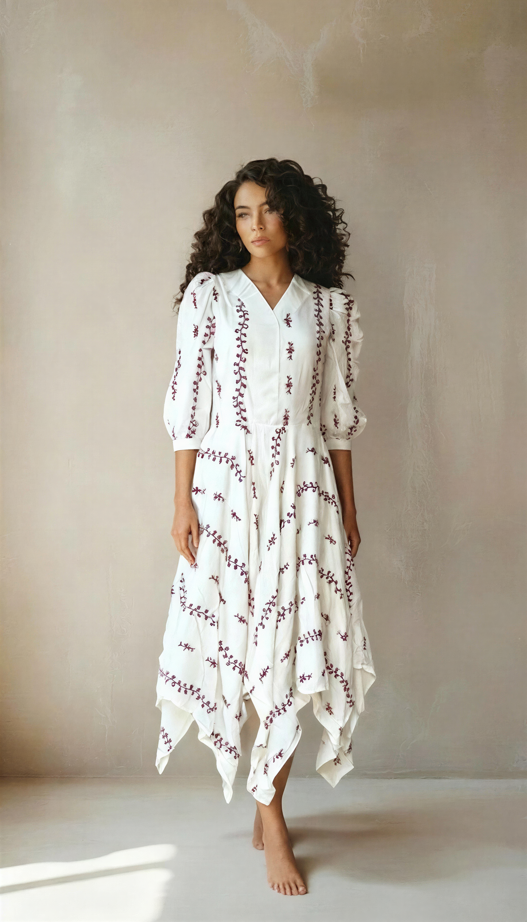 IVORY EMBROIDERED ASYMMETRIC DRESS WITH MAROON JACKET